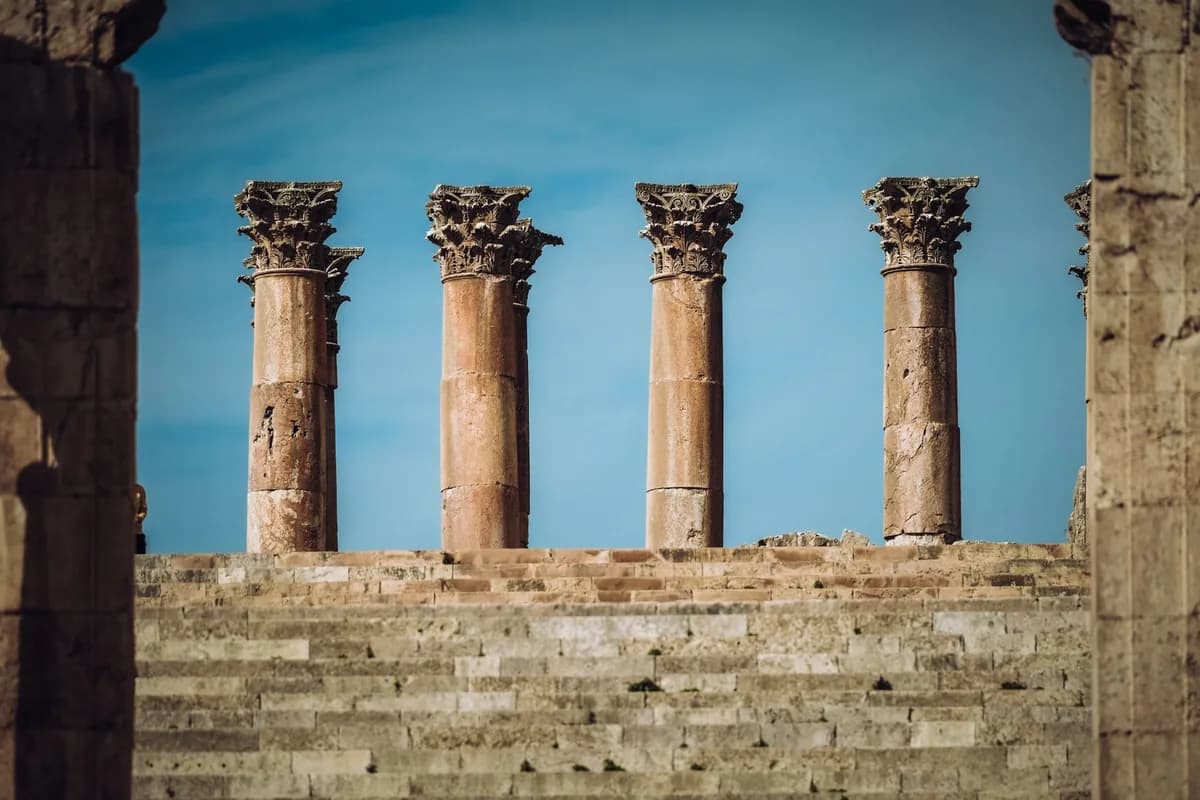 Captivating view of ancient Roman columns at Jerash archaeological site, Jordan.