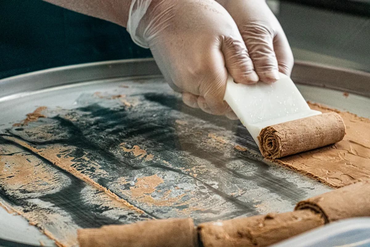 Hands preparing rolled ice cream on a cold metal surface, highlighting food preparation process.