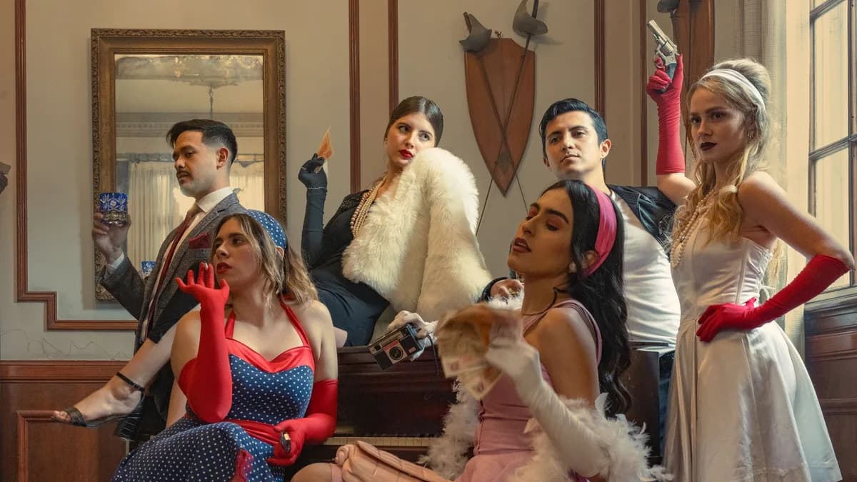 A stylish group in vintage costumes posing with elegance and flair indoors.