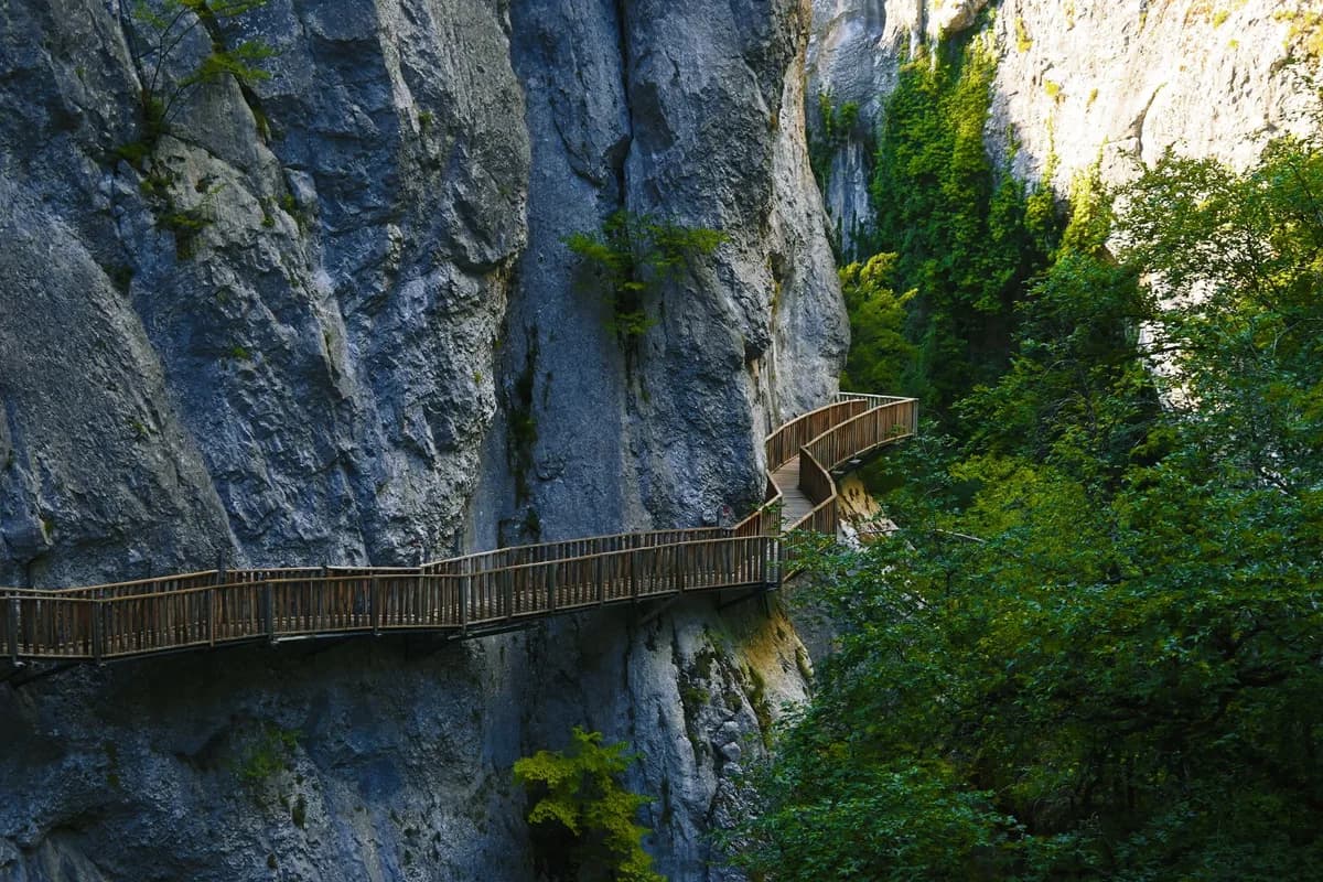 Wooden walkway through Valla Canyon in Kastamonu, Türkiye offers stunning natural views.