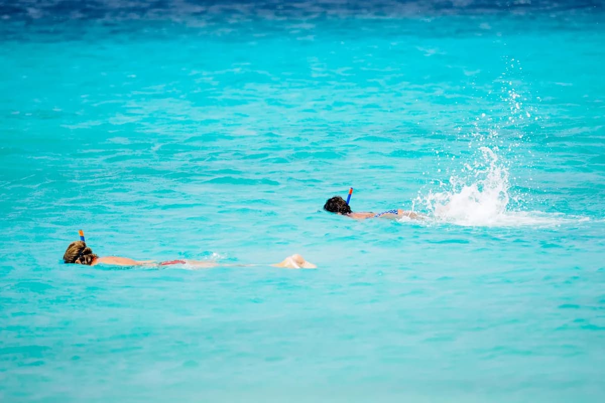 Two people snorkeling in clear turquoise water.