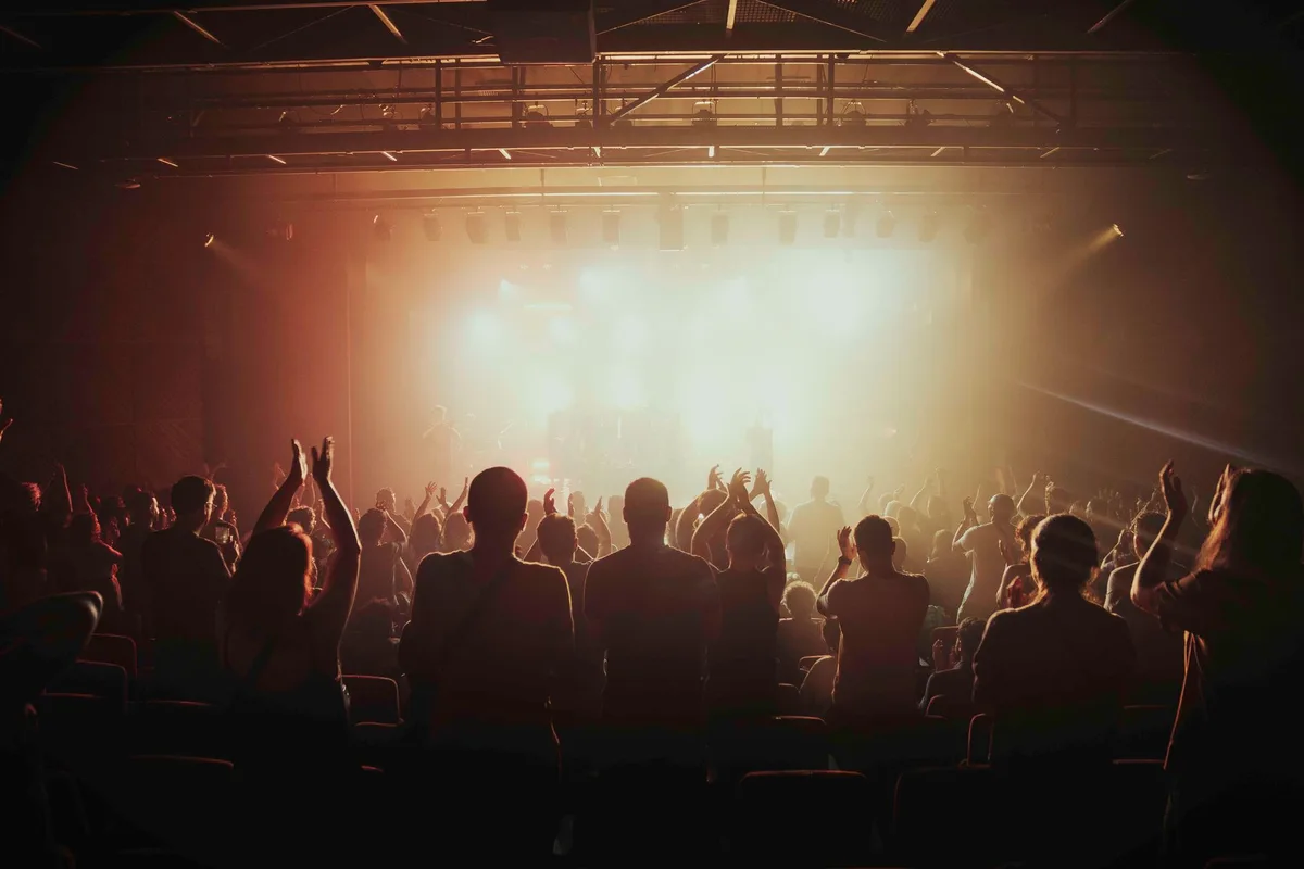 Vibrant crowd cheers during live concert in dimly lit indoor venue.
