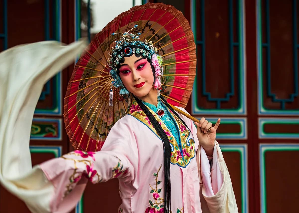 Woman in traditional Chinese opera costume with parasol, captured in vivid colors, New Taipei City, Taiwan.