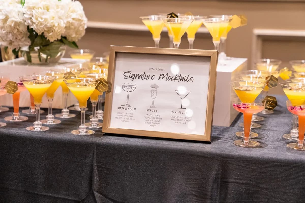Vibrant selection of signature mocktails on display at a sophisticated indoor event.