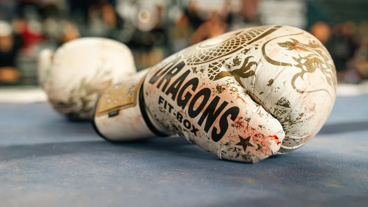 Detailed view of a white boxing glove with dragon design on a boxing ring, symbolizing strength and power.