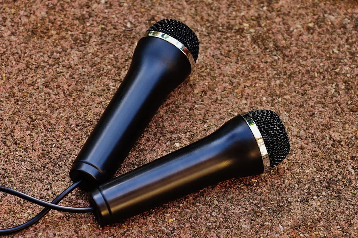 Close-up of two black handheld microphones on a textured background, perfect for audio themes.