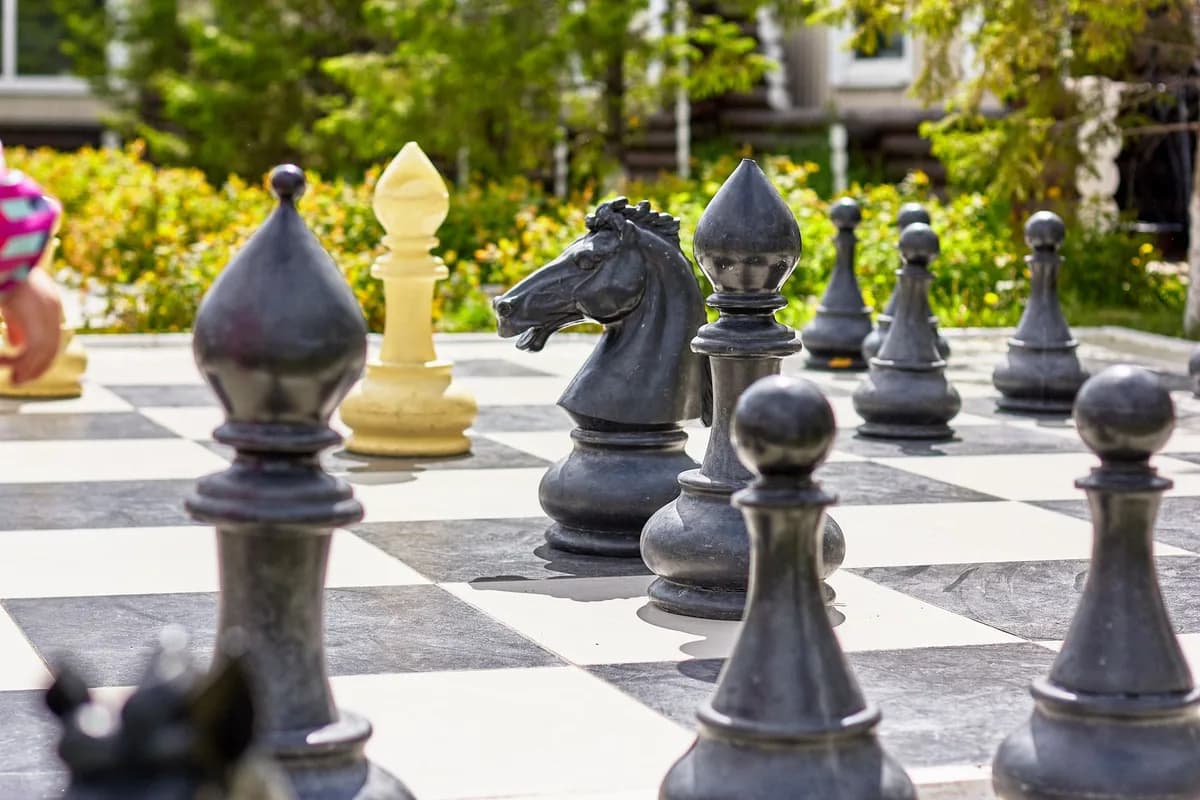 Giant chess set with figures and checkered board placed on ground in garden on sunny day