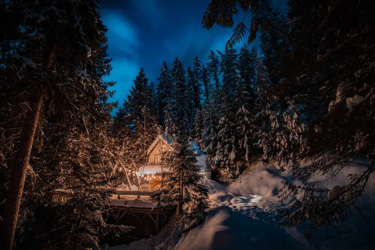 A cozy winter cabin glowing amidst snow-covered trees under a starry night sky.