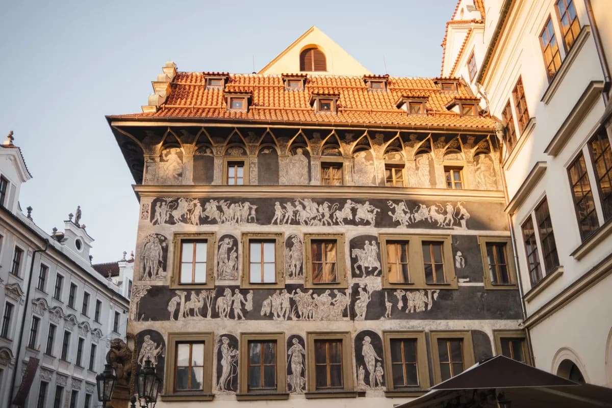Exterior of aged classic palace with stucco work ornaments on walls located in historic city district