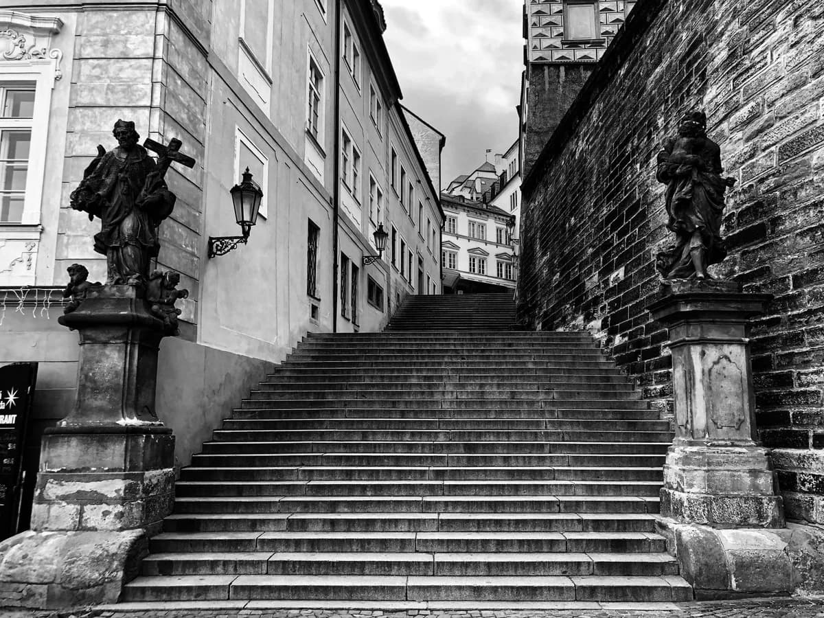Black and white image of a historic stone staircase flanked by statues in an old European city.
