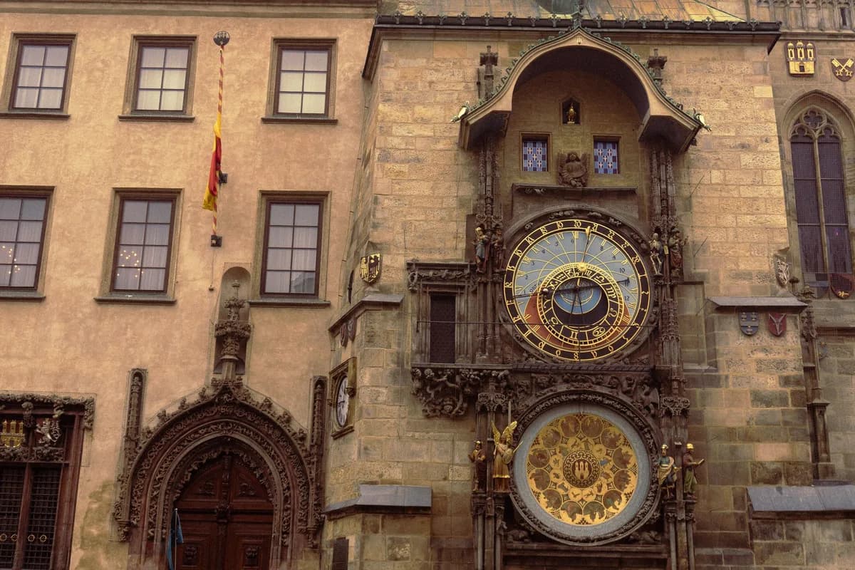 The historic Astronomical Clock in Prague's Old Town Square, showcasing intricate medieval craftsmanship.