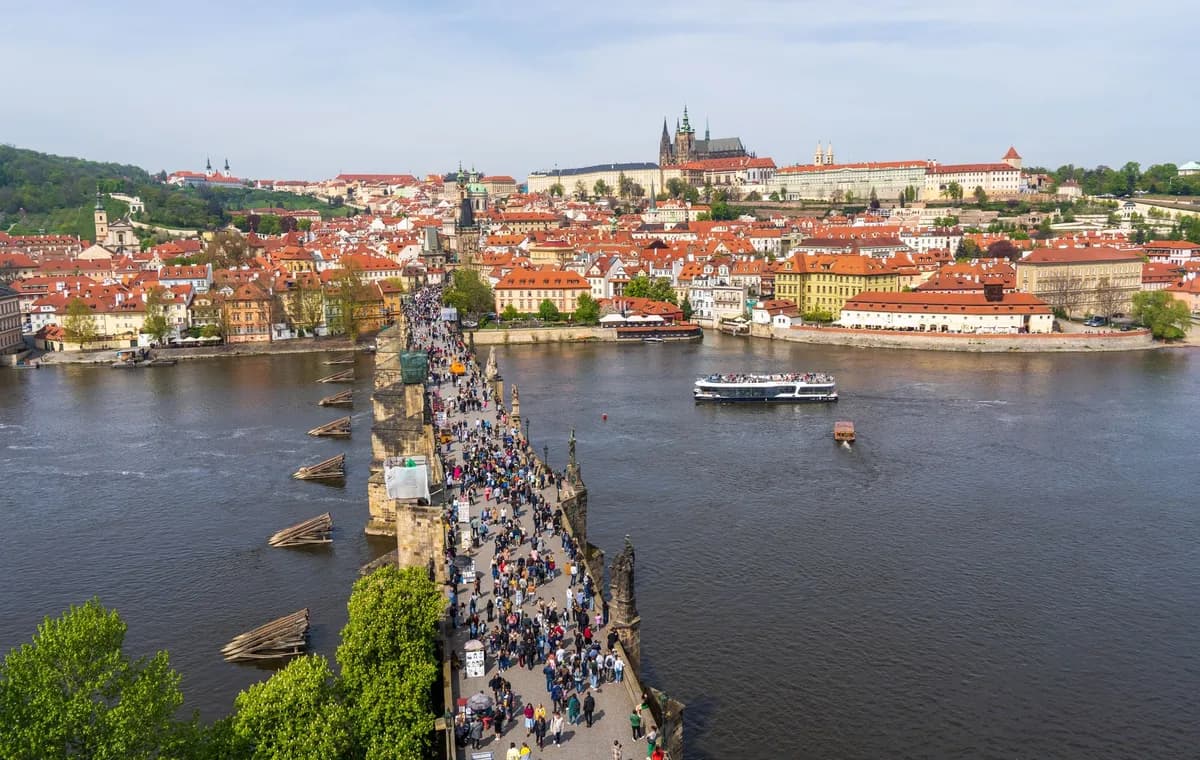 Scenic aerial view of bustling Charles Bridge and historic Prague under a clear sky.