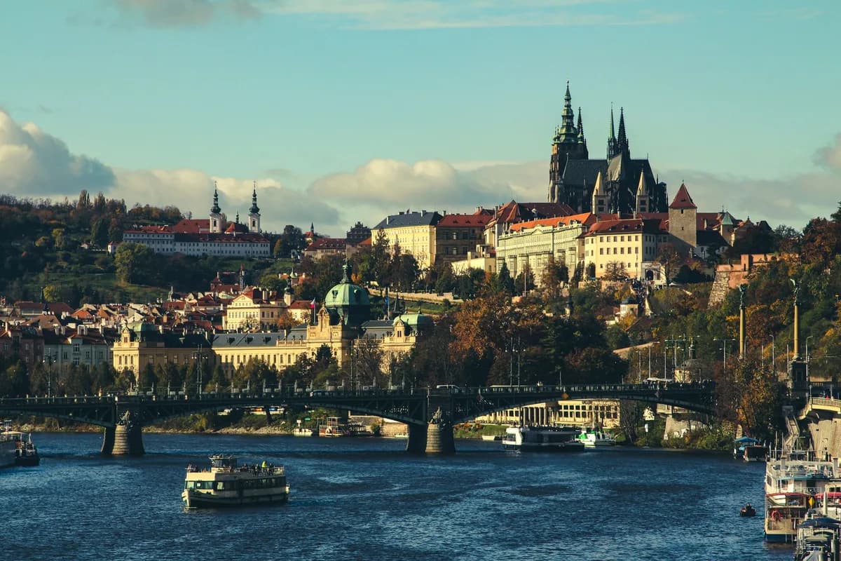 Breathtaking view of Prague Castle overlooking the Vltava River under a clear sky.